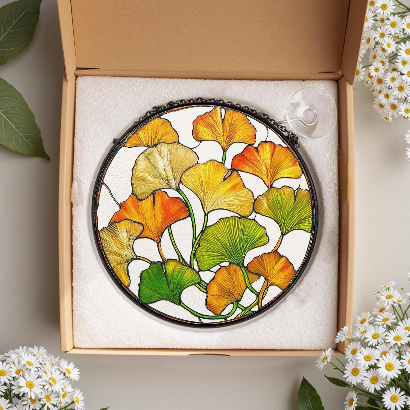 Ginkgo Leaf Stained Glass Suncatcher, Botanical Plant Lover Gift, Gold Yellow Window Hanging, Mother's Day Gift For Grandma, Zen Decor