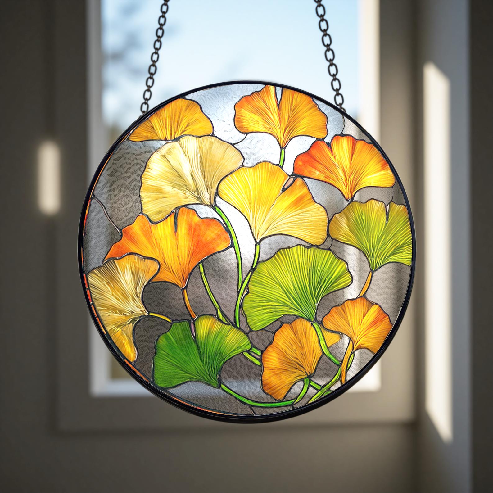 Ginkgo Leaf Stained Glass Suncatcher, Botanical Plant Lover Gift, Gold Yellow Window Hanging, Mother's Day Gift For Grandma, Zen Decor