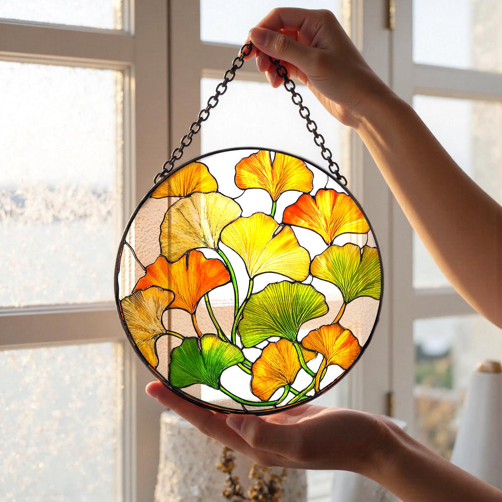 Ginkgo Leaf Stained Glass Suncatcher, Botanical Plant Lover Gift, Gold Yellow Window Hanging, Mother's Day Gift For Grandma, Zen Decor
