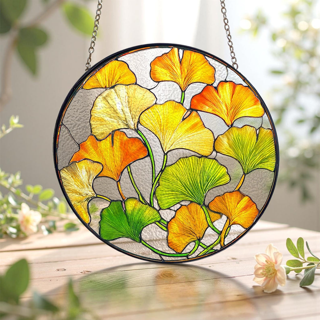 Ginkgo Leaf Stained Glass Suncatcher, Botanical Plant Lover Gift, Gold Yellow Window Hanging, Mother's Day Gift For Grandma, Zen Decor
