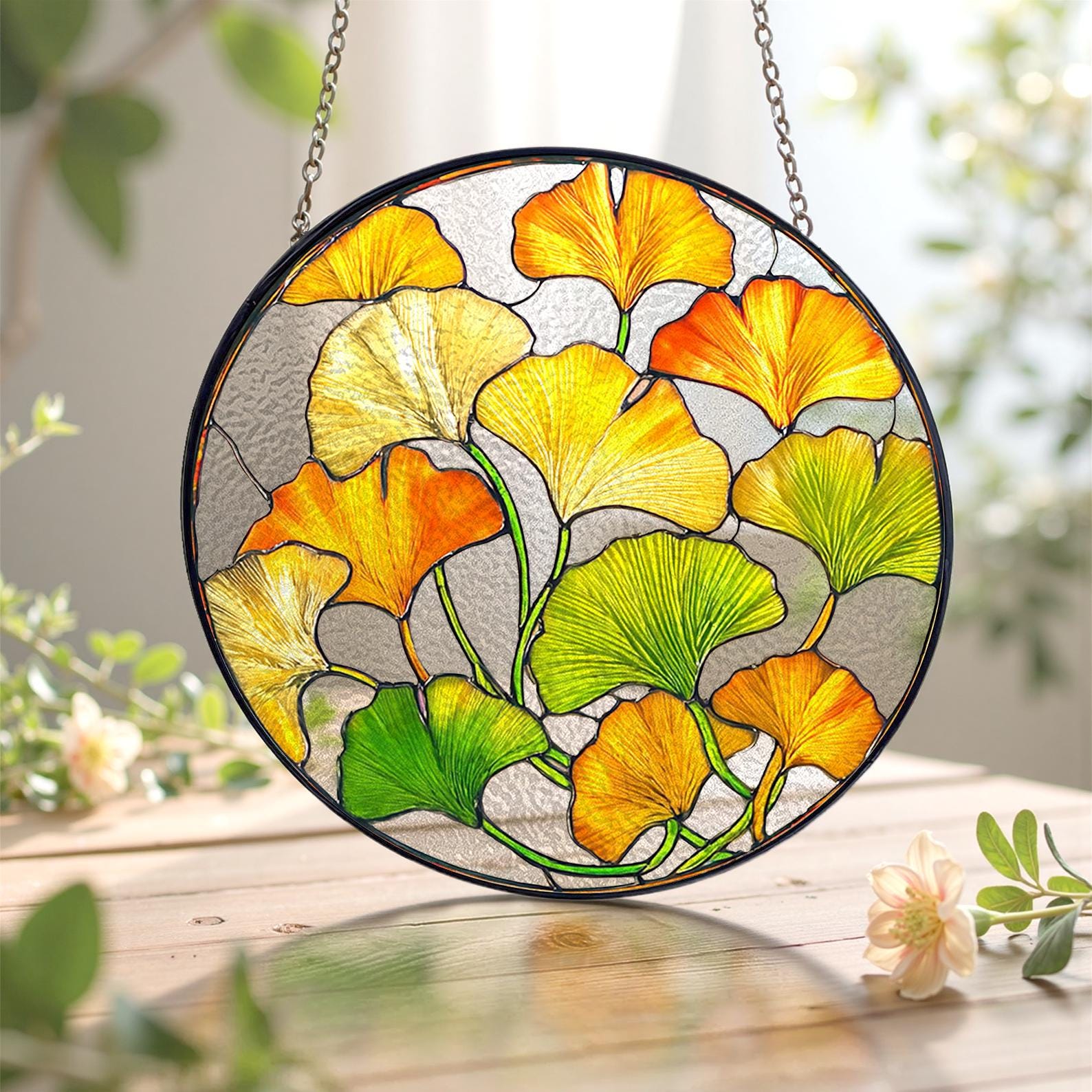 Ginkgo Leaf Stained Glass Suncatcher, Botanical Plant Lover Gift, Gold Yellow Window Hanging, Mother's Day Gift For Grandma, Zen Decor