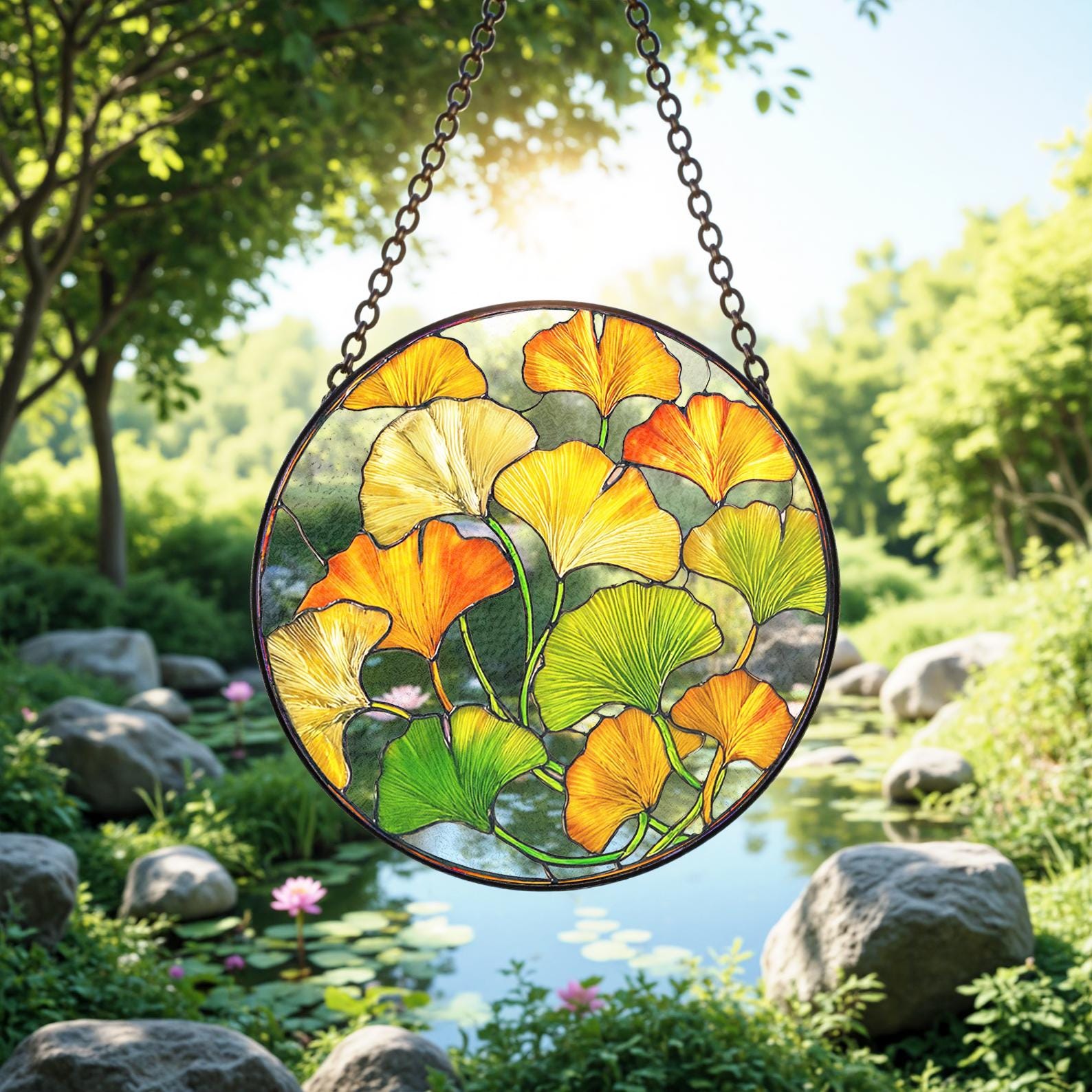 Ginkgo Leaf Stained Glass Suncatcher, Botanical Plant Lover Gift, Gold Yellow Window Hanging, Mother's Day Gift For Grandma, Zen Decor