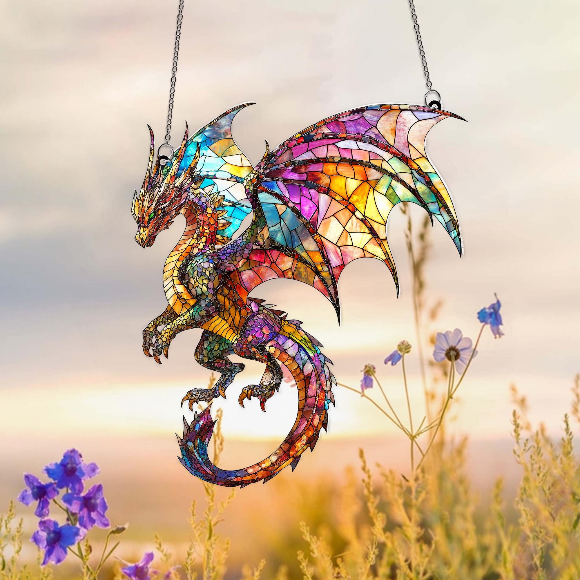 Fantasy Dragon Acrylic Suncatcher: Faux Stained Glass Window Hanging Decor