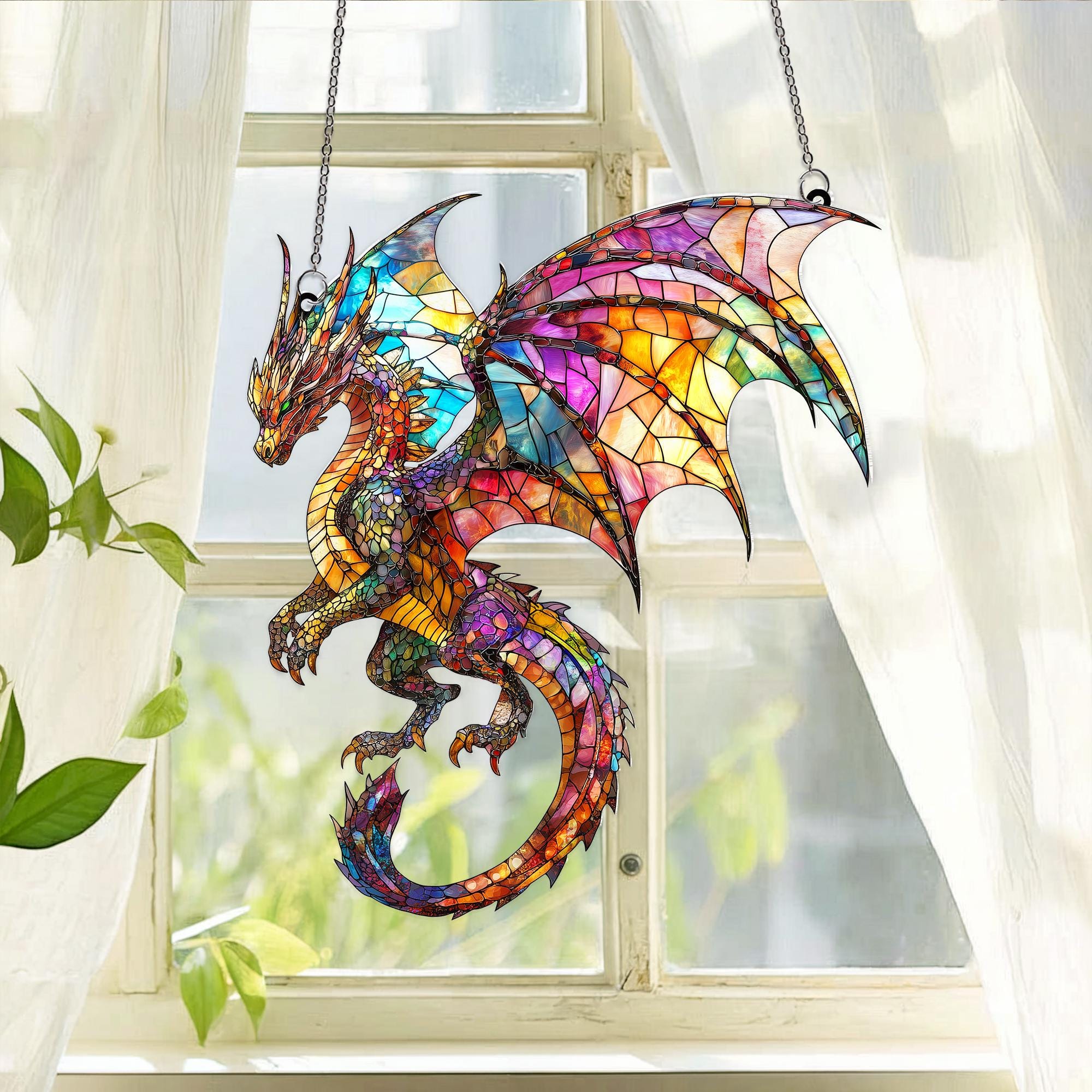 Fantasy Dragon Acrylic Suncatcher: Faux Stained Glass Window Hanging Decor