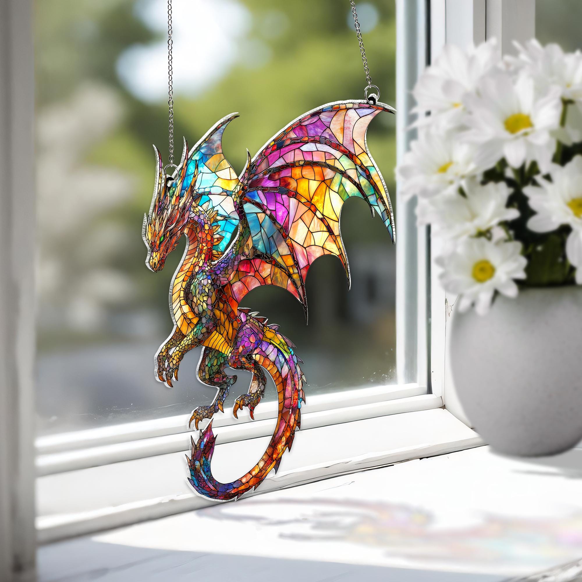 Fantasy Dragon Acrylic Suncatcher: Faux Stained Glass Window Hanging Decor