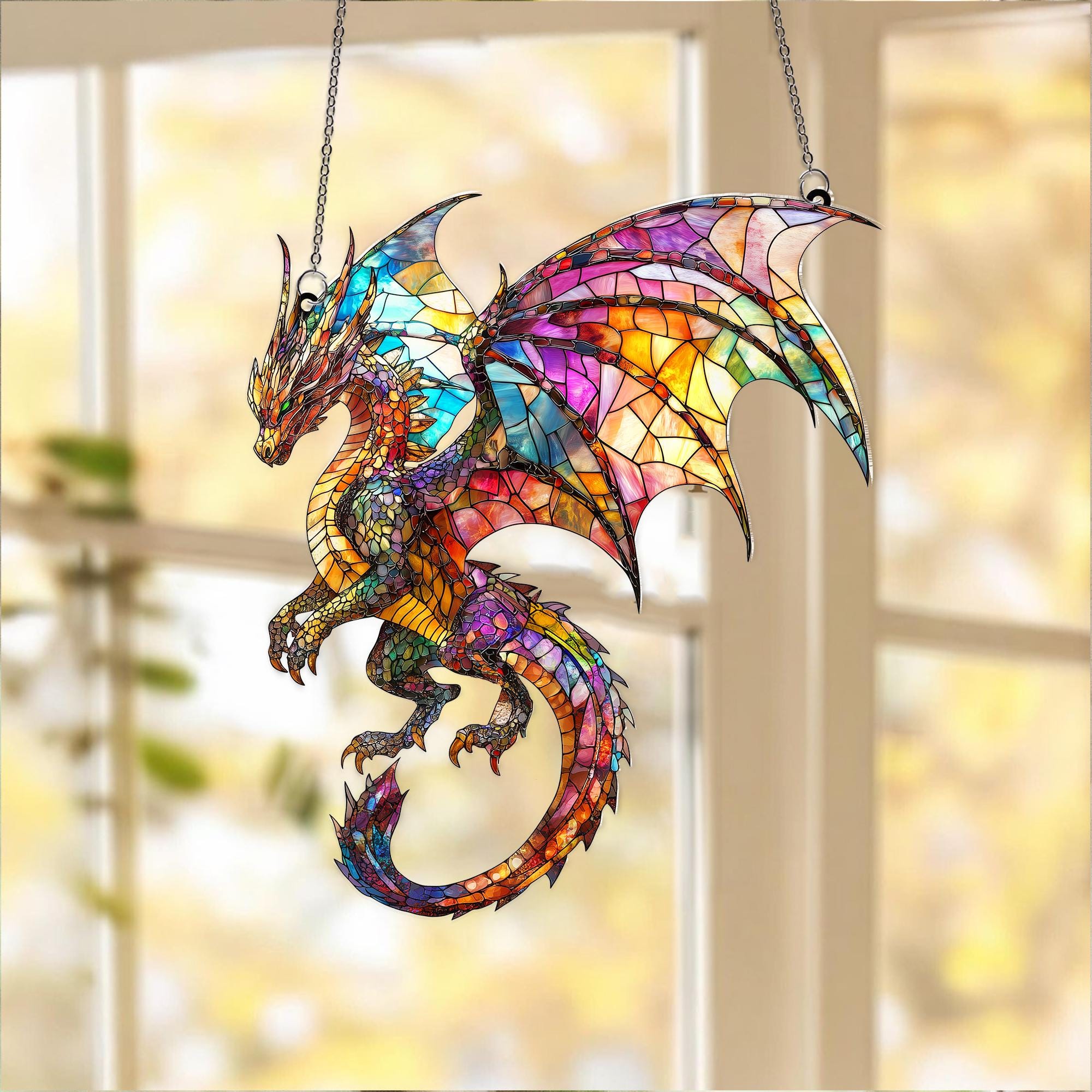 Fantasy Dragon Acrylic Suncatcher: Faux Stained Glass Window Hanging Decor