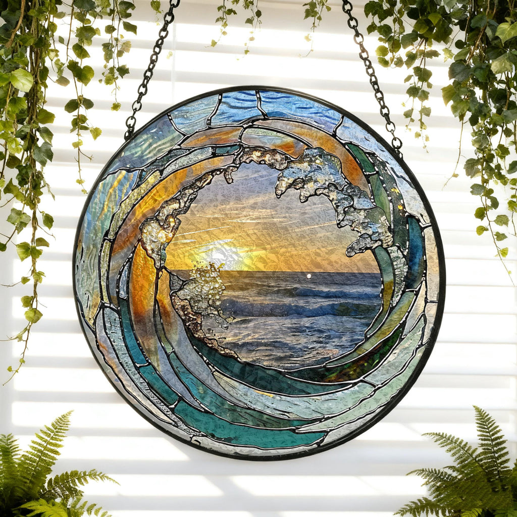 Ocean Wave Stained Glass Suncatcher,beach Coastal Glass Suncatcher Handmade,beach House Window Hanging Ocean Suncatcher Gift