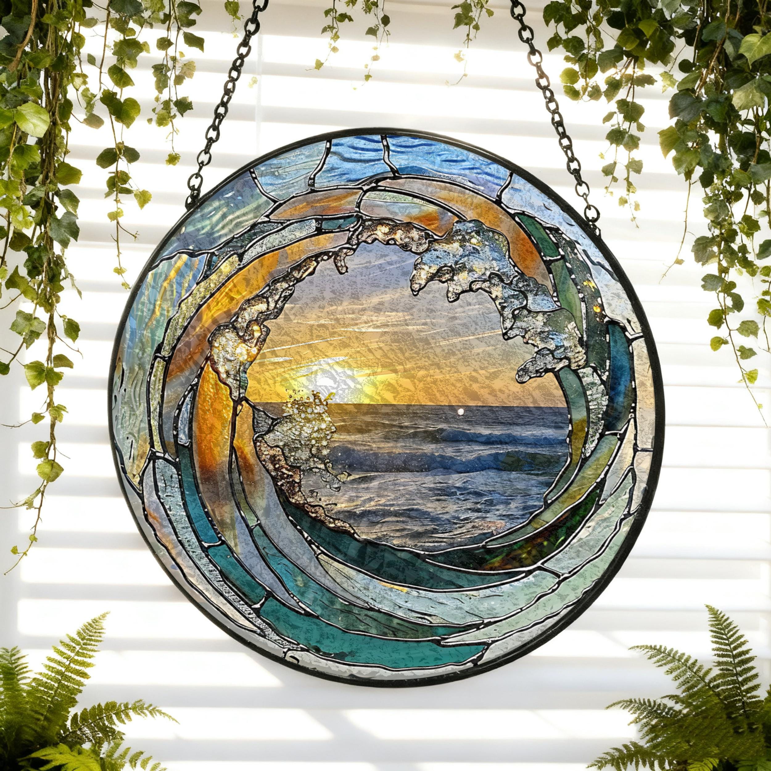 Ocean Wave Stained Glass Suncatcher,beach Coastal Glass Suncatcher Handmade,beach House Window Hanging Ocean Suncatcher Gift