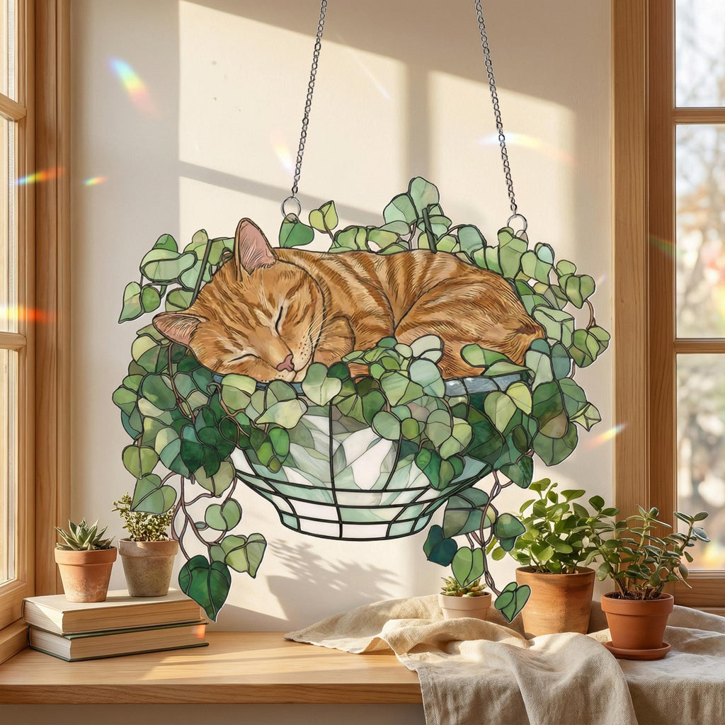 Orange Cat Monstera Suncatcher: Fade Resistant Acrylic Window Hanging