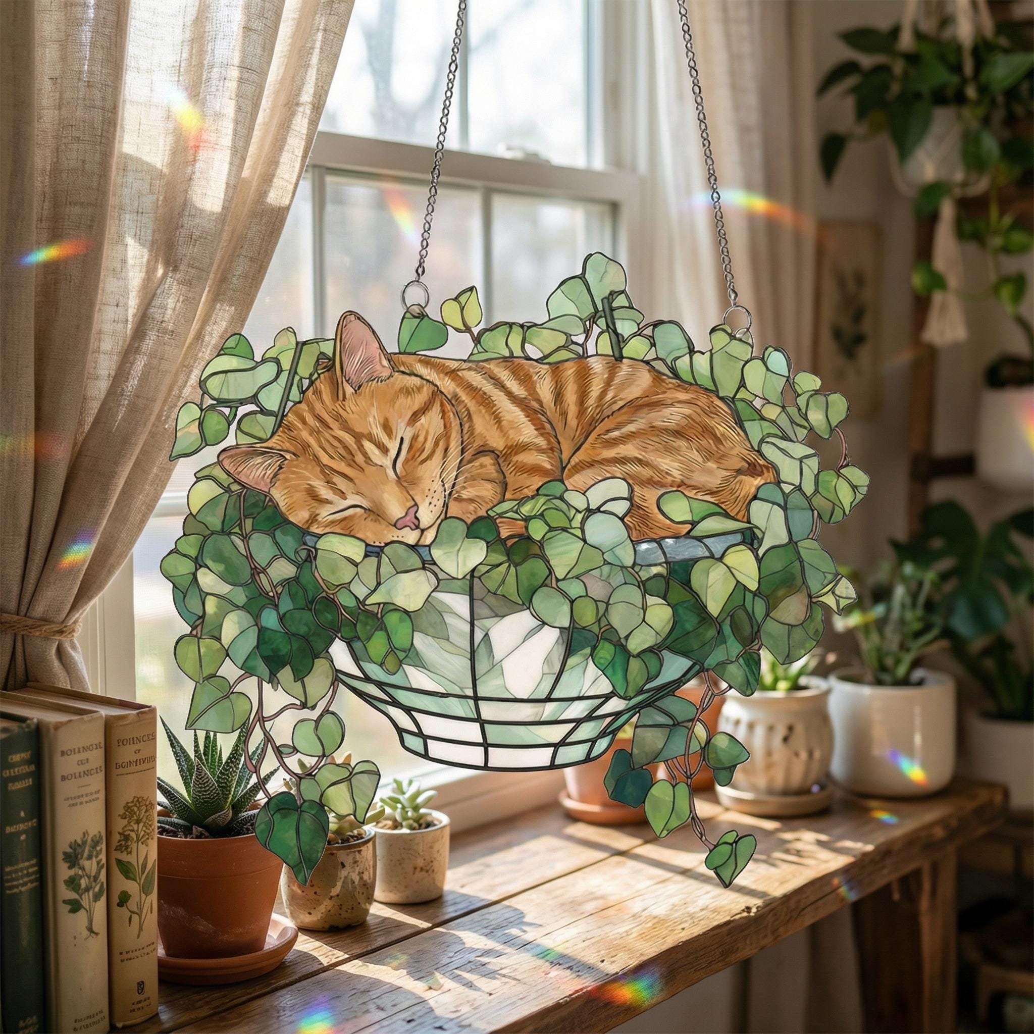 Orange Cat Monstera Suncatcher: Fade Resistant Acrylic Window Hanging