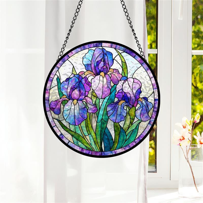 Purple Iris Stained Glass Suncatcher, Floral Window Hanging