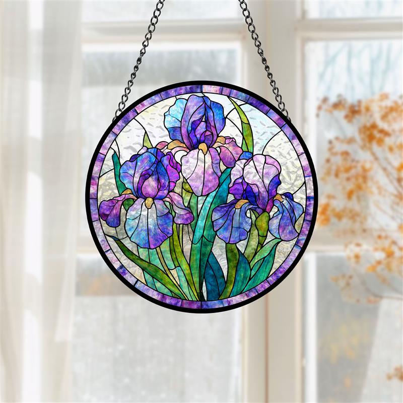 Purple Iris Stained Glass Suncatcher, Floral Window Hanging