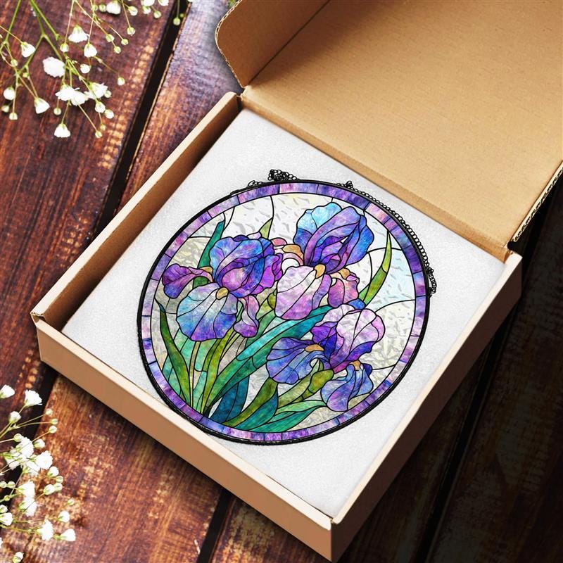 Purple Iris Stained Glass Suncatcher, Floral Window Hanging