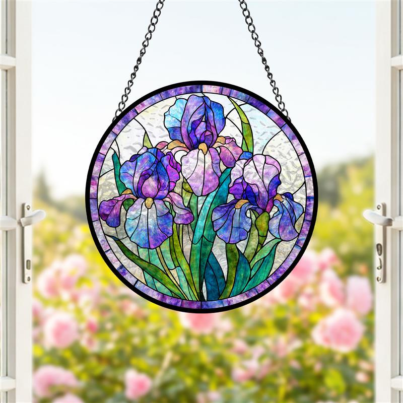 Purple Iris Stained Glass Suncatcher, Floral Window Hanging
