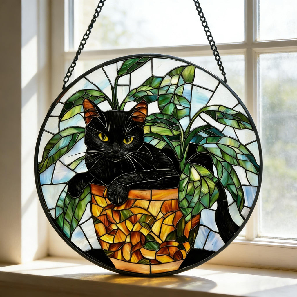 Black Cat Stained Glass Suncatcher, Botanical Cat Glass Decor, Round Cat Stained Glass, Decor Gift For Cat Lovers Mom Friend