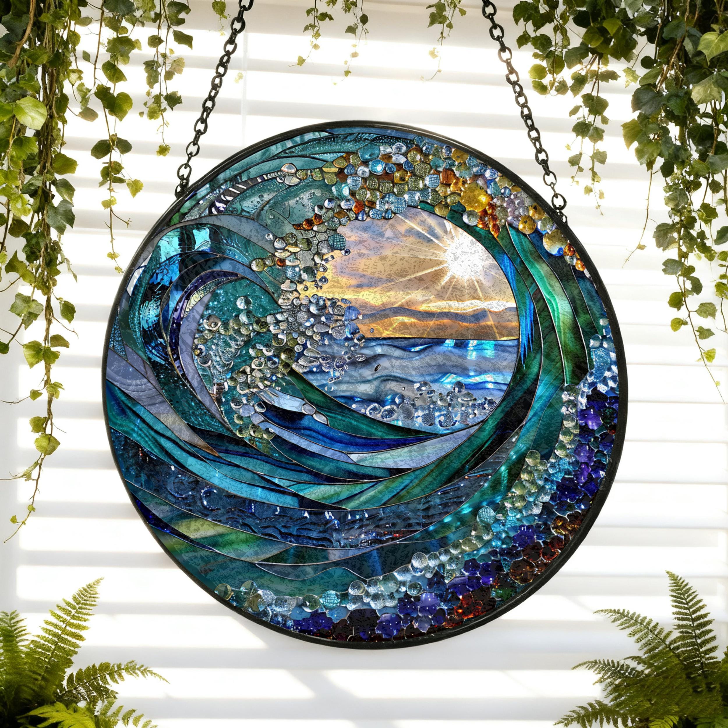 Ocean Wave Stained Glass Suncatcher,beach Coastal Glass Suncatcher Handmade,beach House Window Hanging Ocean Suncatcher Gift