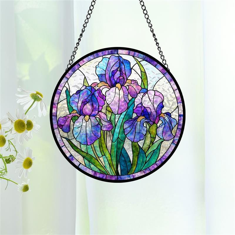 Purple Iris Stained Glass Suncatcher, Floral Window Hanging