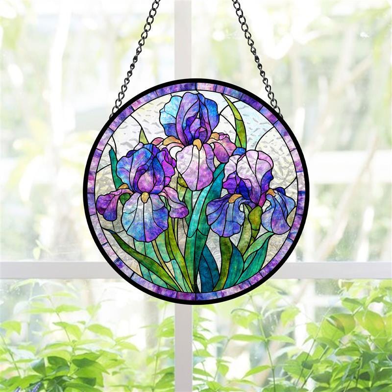Purple Iris Stained Glass Suncatcher, Floral Window Hanging