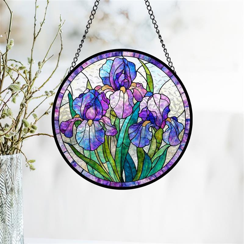 Purple Iris Stained Glass Suncatcher, Floral Window Hanging