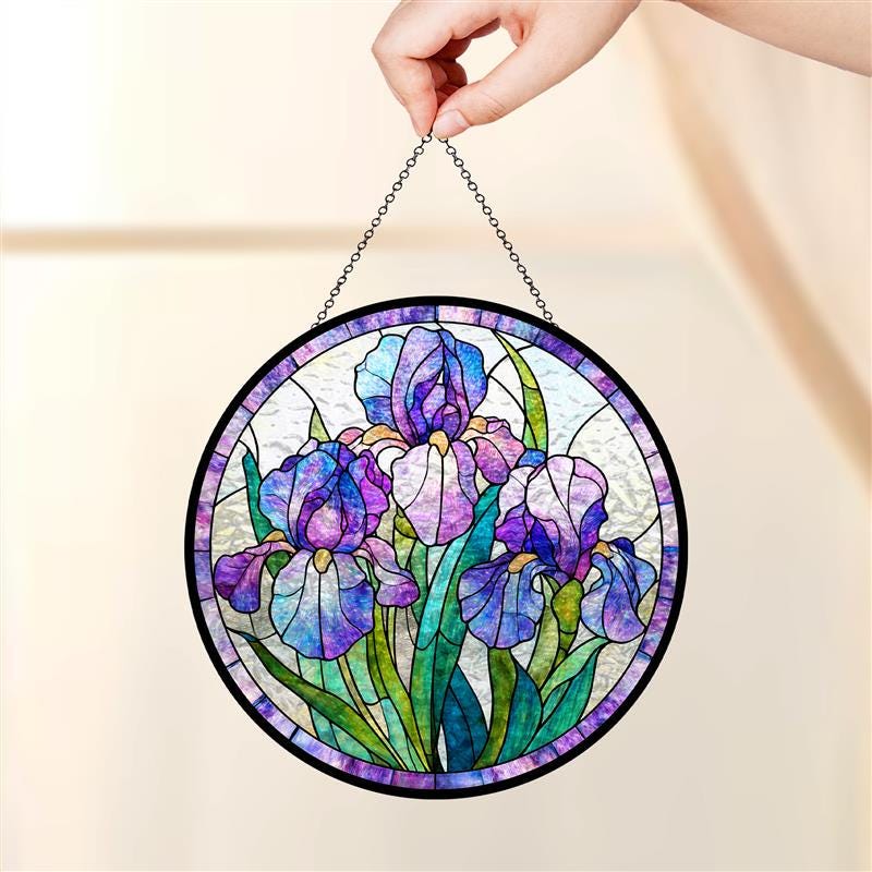 Purple Iris Stained Glass Suncatcher, Floral Window Hanging