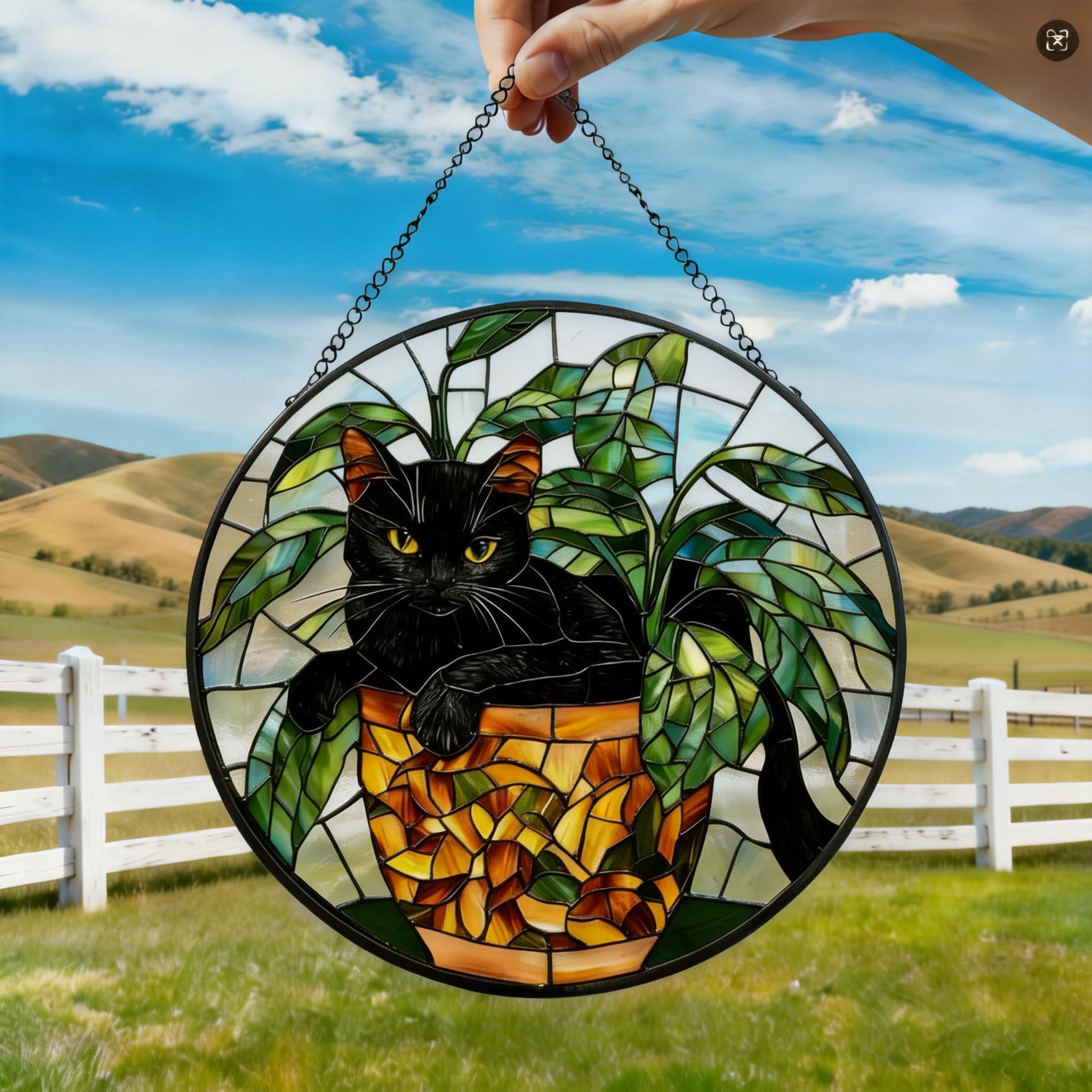 Black Cat Stained Glass Suncatcher, Botanical Cat Glass Decor, Round Cat Stained Glass, Decor Gift For Cat Lovers Mom Friend