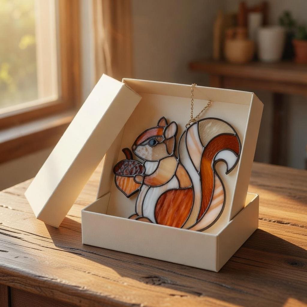 Squirrel Suncatcher Stained Acrylic Window Hanging, Cute Squirrel With Acorn Glass Suncatcher, Woodland Animal Window Decor, Fall Home Decor