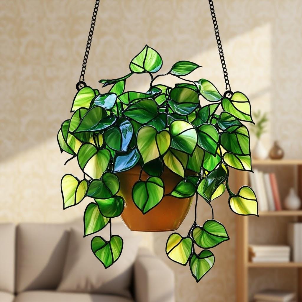 Pothos Plant Acrylic Suncatcher, Hanging Plant Window Decor, Plant Lover Gift - Faux Greenery Art - Boho Philodendron Home Decor