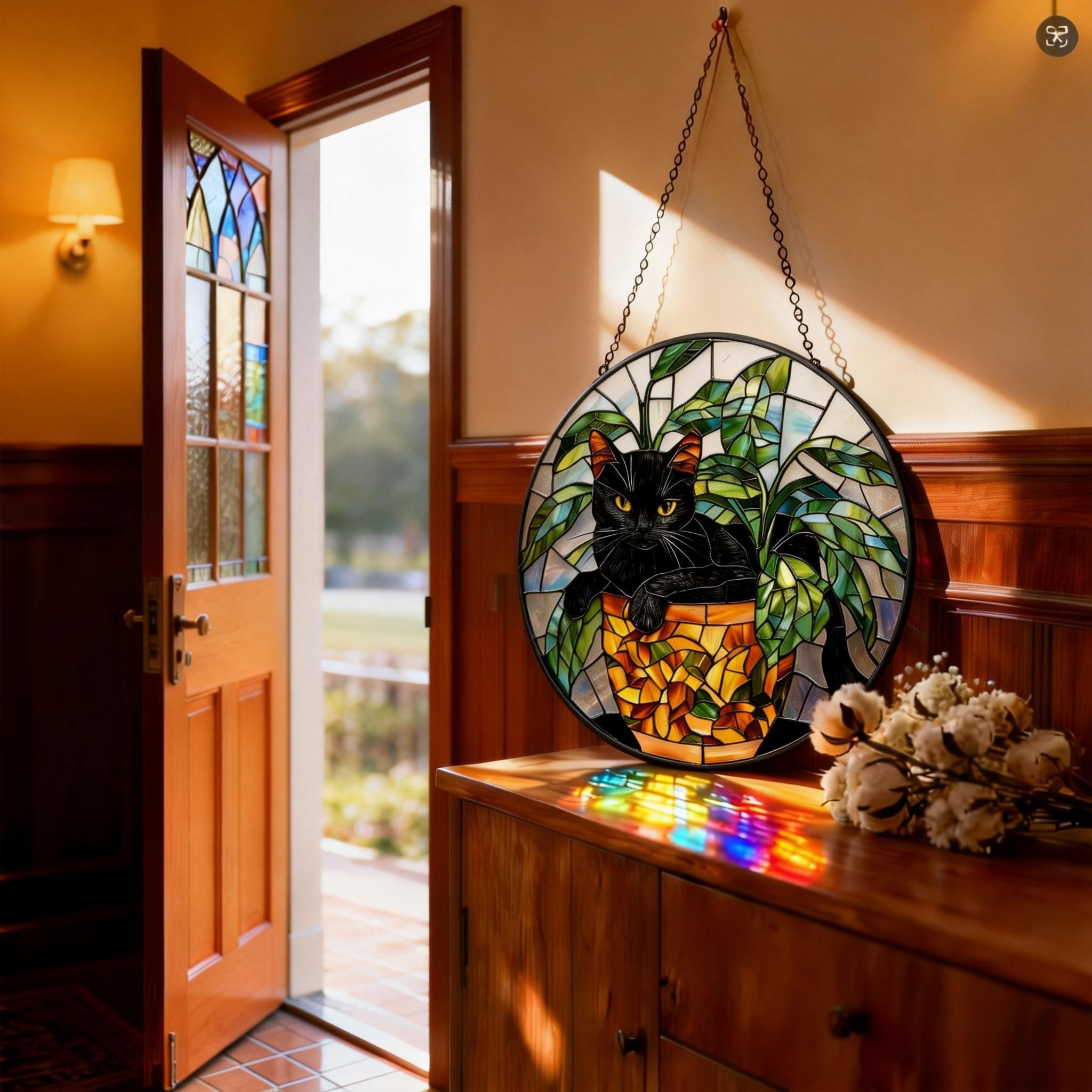 Black Cat Stained Glass Suncatcher, Botanical Cat Glass Decor, Round Cat Stained Glass, Decor Gift For Cat Lovers Mom Friend