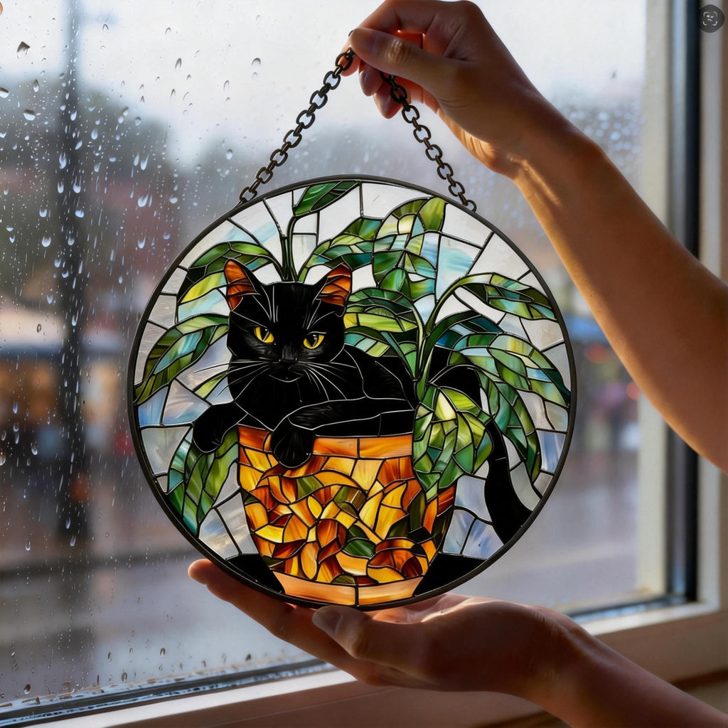 Black Cat Stained Glass Suncatcher, Botanical Cat Glass Decor, Round Cat Stained Glass, Decor Gift For Cat Lovers Mom Friend