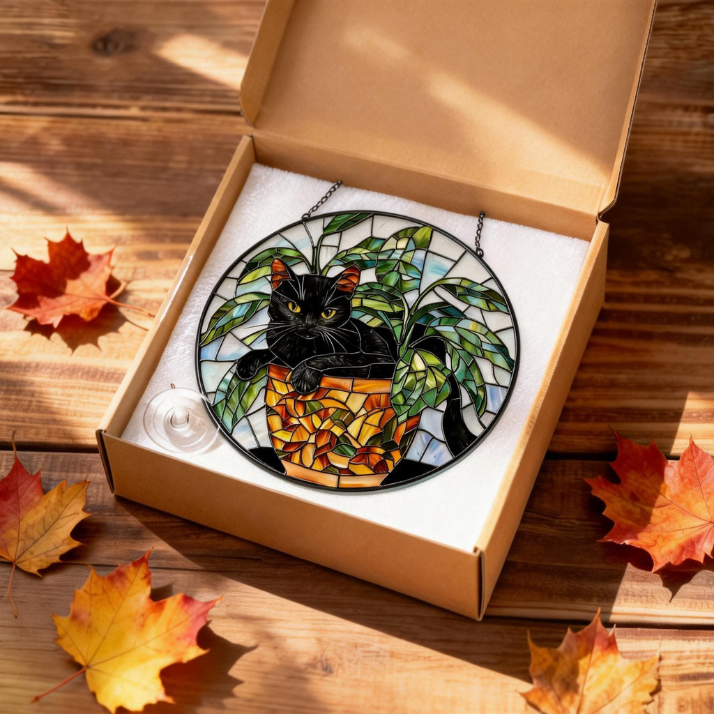 Black Cat Stained Glass Suncatcher, Botanical Cat Glass Decor, Round Cat Stained Glass, Decor Gift For Cat Lovers Mom Friend