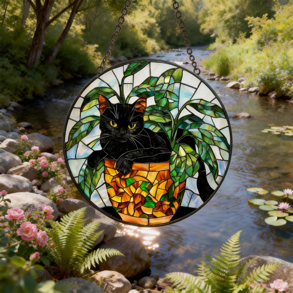 Black Cat Stained Glass Suncatcher, Botanical Cat Glass Decor, Round Cat Stained Glass, Decor Gift For Cat Lovers Mom Friend