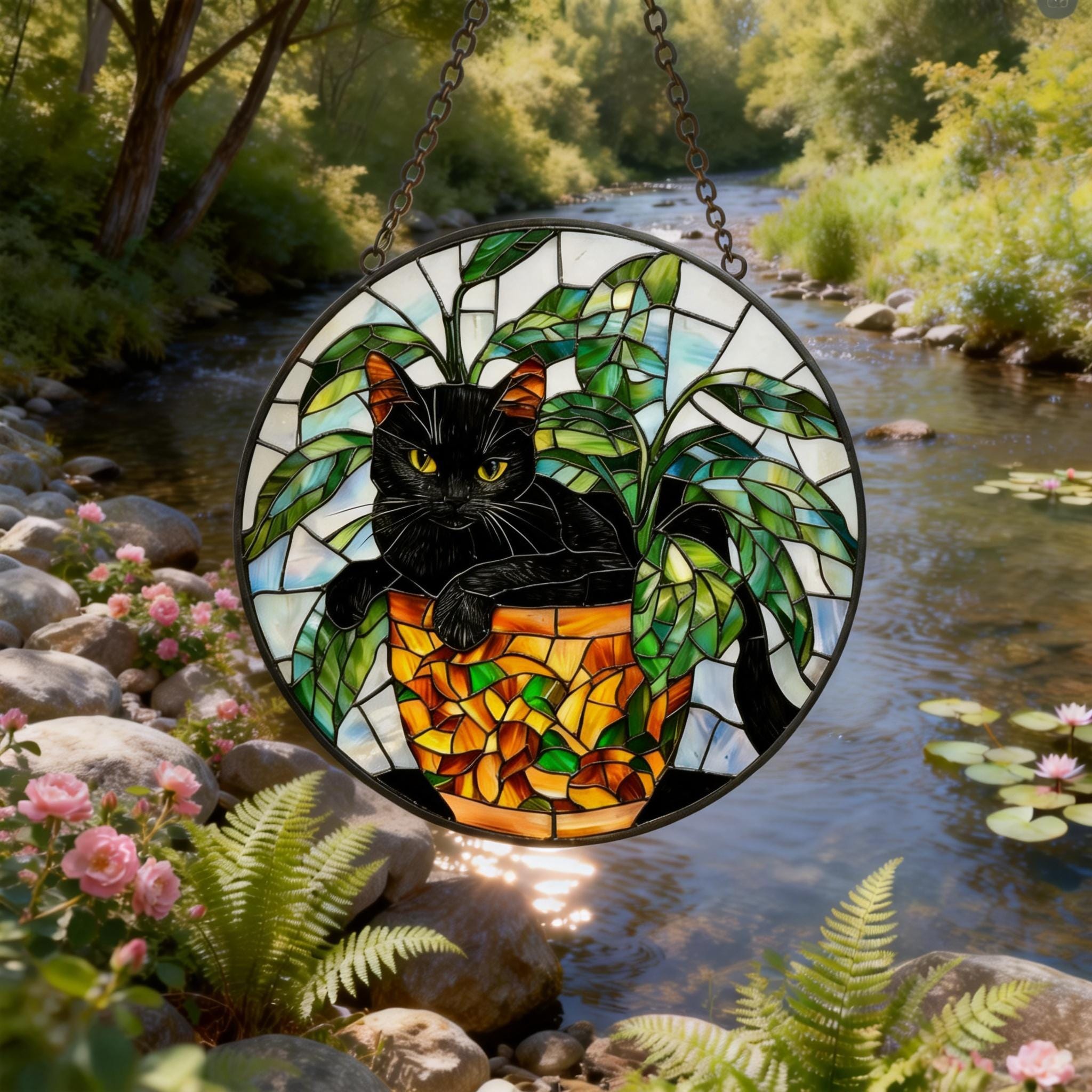 Black Cat Stained Glass Suncatcher, Botanical Cat Glass Decor, Round Cat Stained Glass, Decor Gift For Cat Lovers Mom Friend