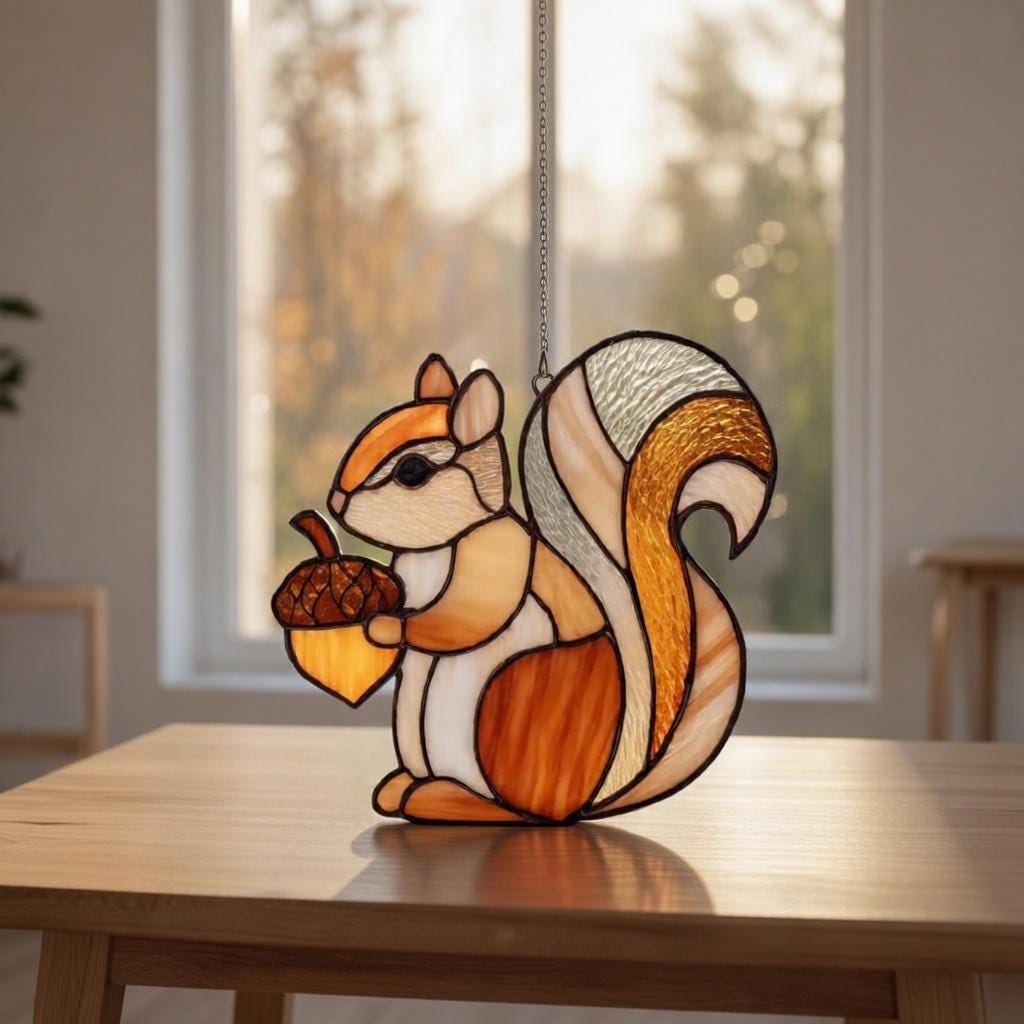Squirrel Suncatcher Stained Acrylic Window Hanging, Cute Squirrel With Acorn Glass Suncatcher, Woodland Animal Window Decor, Fall Home Decor