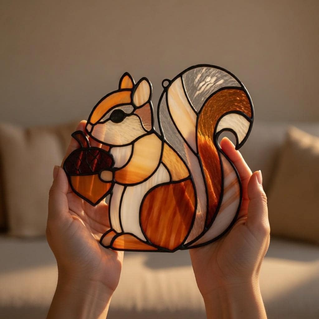 Squirrel Suncatcher Stained Acrylic Window Hanging, Cute Squirrel With Acorn Glass Suncatcher, Woodland Animal Window Decor, Fall Home Decor