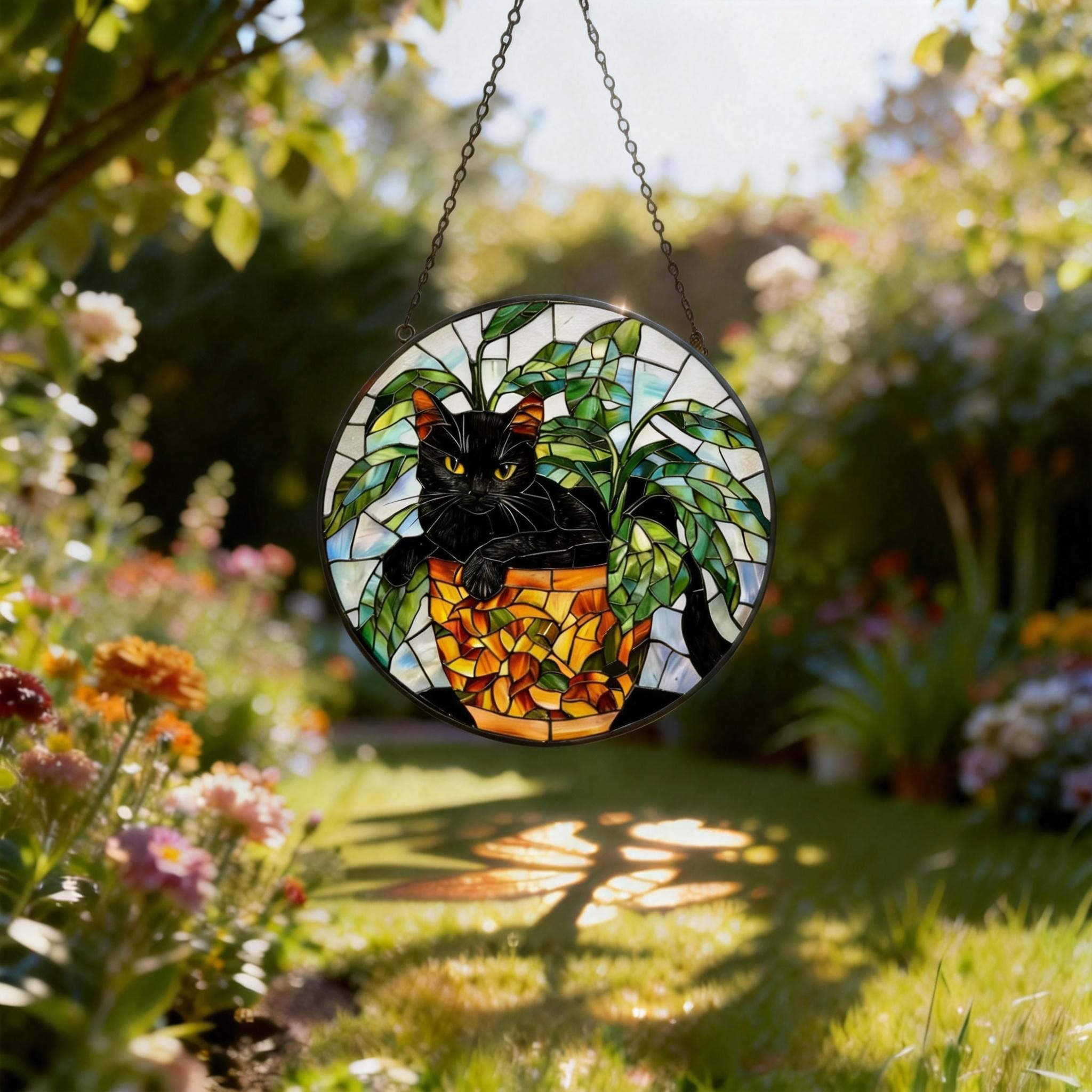 Black Cat Stained Glass Suncatcher, Botanical Cat Glass Decor, Round Cat Stained Glass, Decor Gift For Cat Lovers Mom Friend