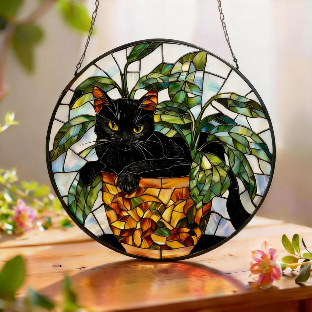 Black Cat Stained Glass Suncatcher, Botanical Cat Glass Decor, Round Cat Stained Glass, Decor Gift For Cat Lovers Mom Friend