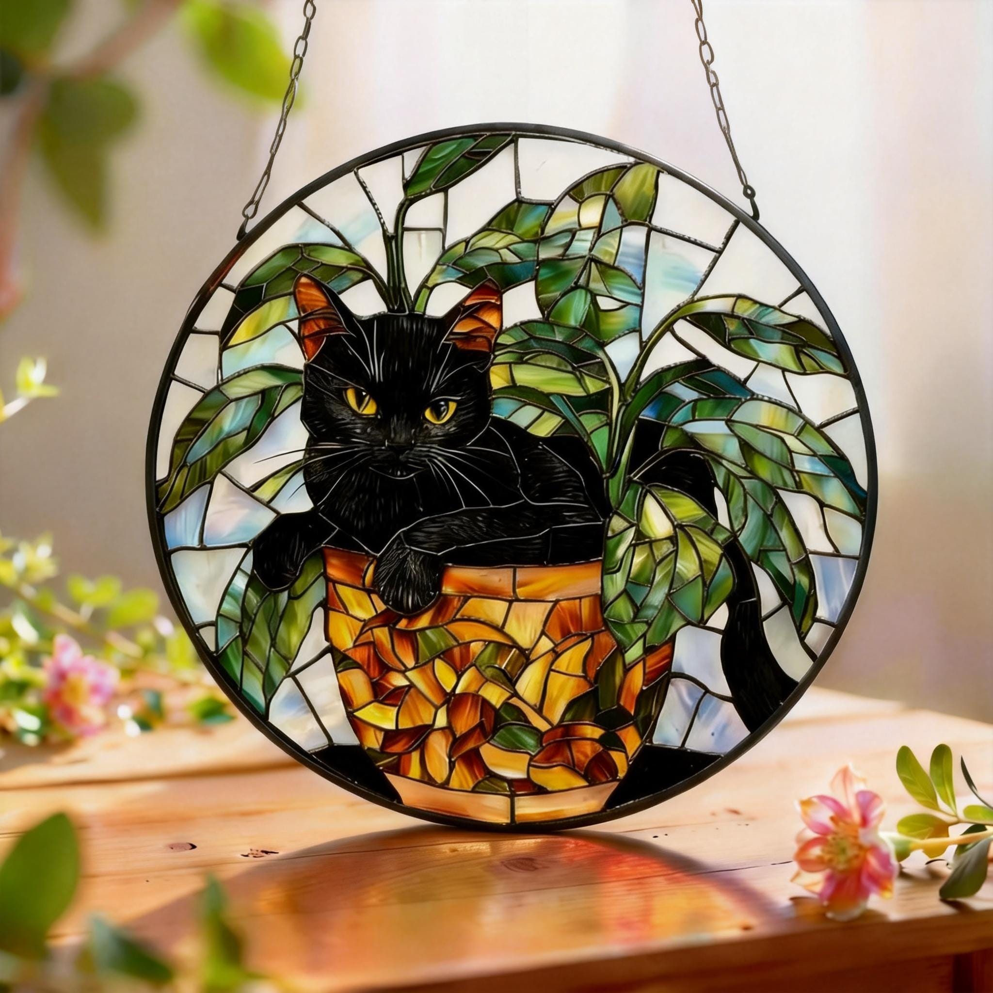 Black Cat Stained Glass Suncatcher, Botanical Cat Glass Decor, Round Cat Stained Glass, Decor Gift For Cat Lovers Mom Friend
