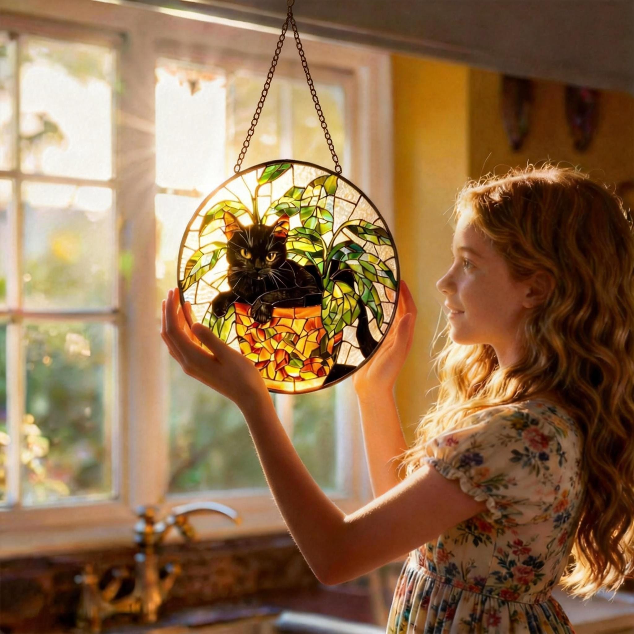 Black Cat Stained Glass Suncatcher, Botanical Cat Glass Decor, Round Cat Stained Glass, Decor Gift For Cat Lovers Mom Friend