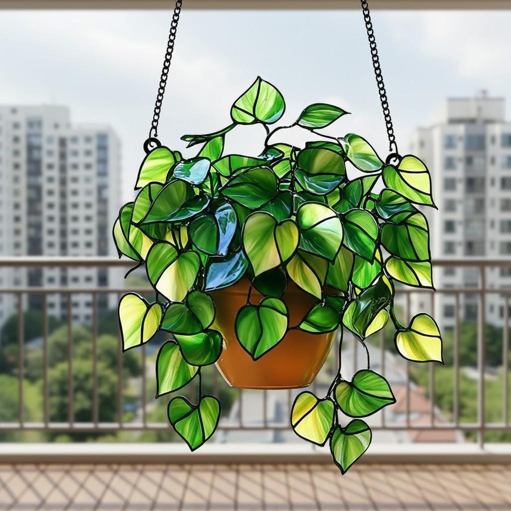 Pothos Plant Acrylic Suncatcher, Hanging Plant Window Decor, Plant Lover Gift - Faux Greenery Art - Boho Philodendron Home Decor