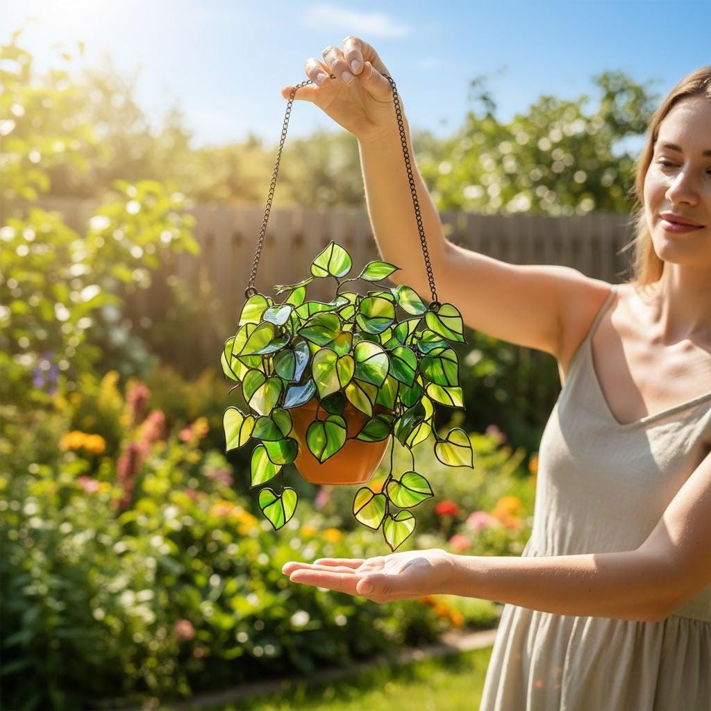 Pothos Plant Acrylic Suncatcher, Hanging Plant Window Decor, Plant Lover Gift - Faux Greenery Art - Boho Philodendron Home Decor