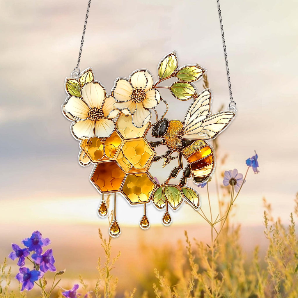 Bee Honeycomb Acrylic Suncatcher, Nature Window Hanging Decor