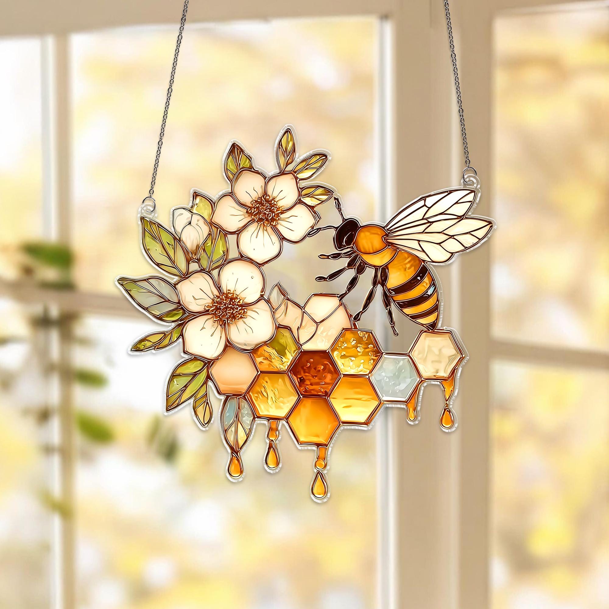 Bee Honeycomb Acrylic Suncatcher, Nature Window Hanging Decor