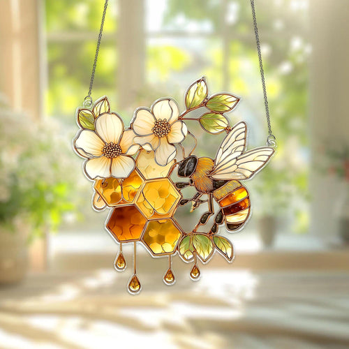 Bee Honeycomb Acrylic Suncatcher, Nature Window Hanging Decor