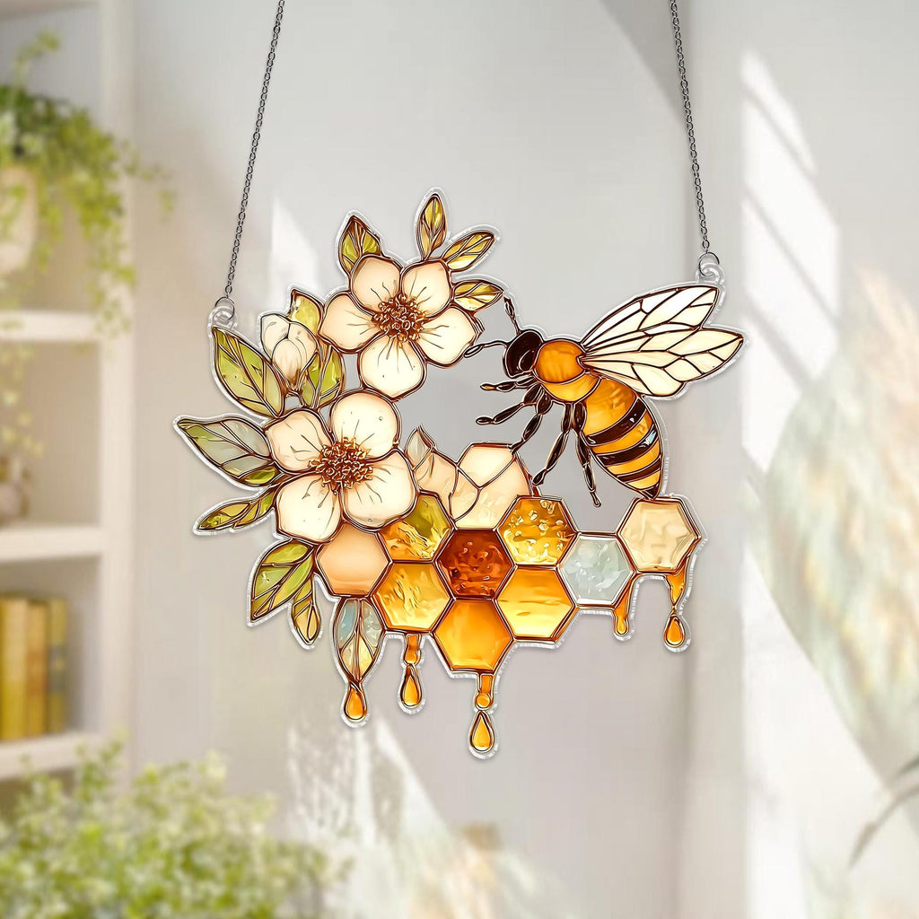 Bee Honeycomb Acrylic Suncatcher, Nature Window Hanging Decor