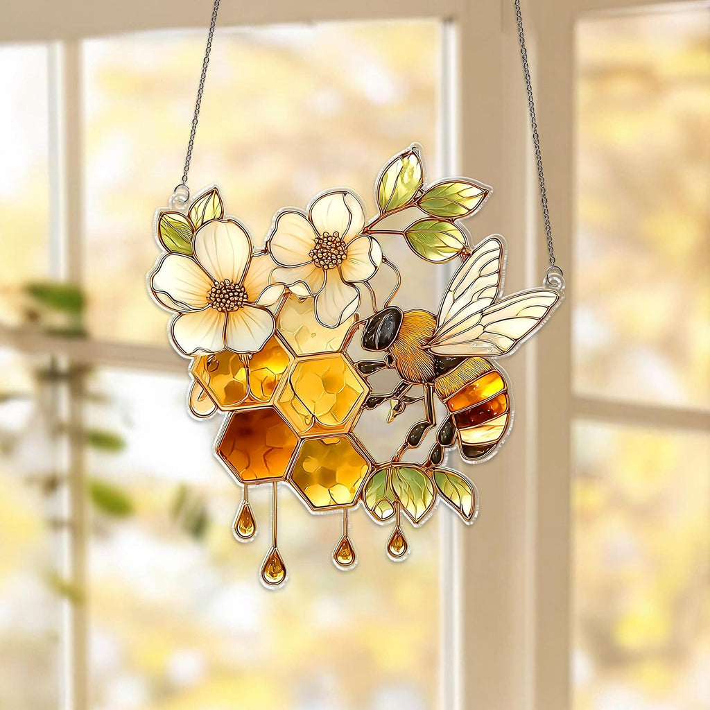 Bee Honeycomb Acrylic Suncatcher, Nature Window Hanging Decor