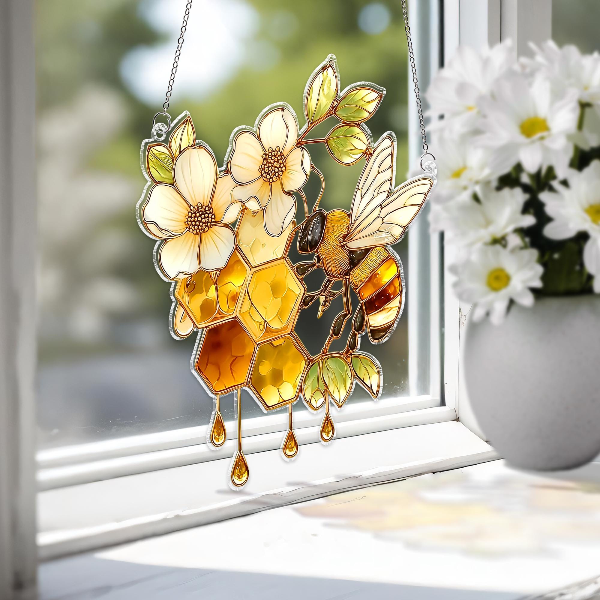 Bee Honeycomb Acrylic Suncatcher, Nature Window Hanging Decor