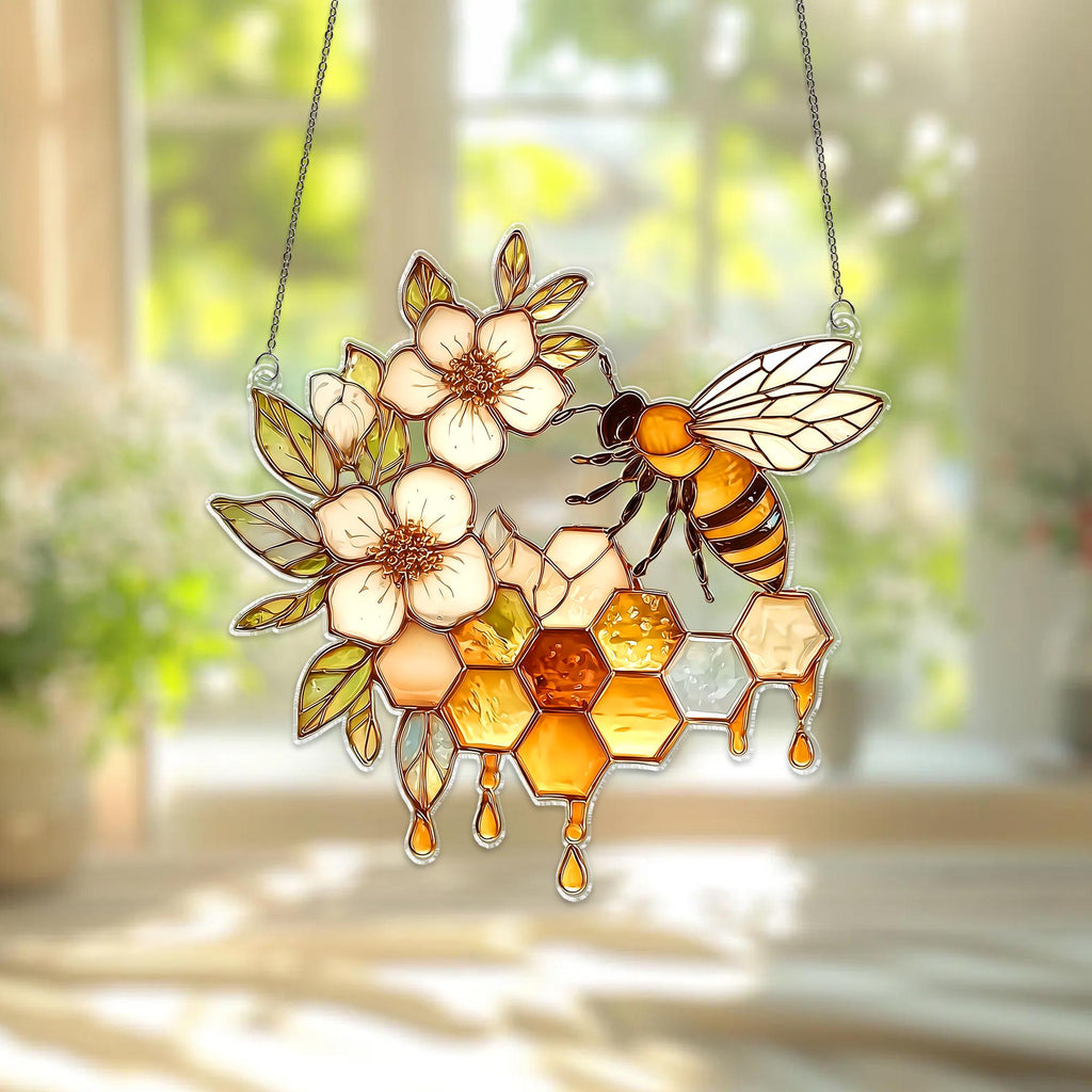 Bee Honeycomb Acrylic Suncatcher, Nature Window Hanging Decor
