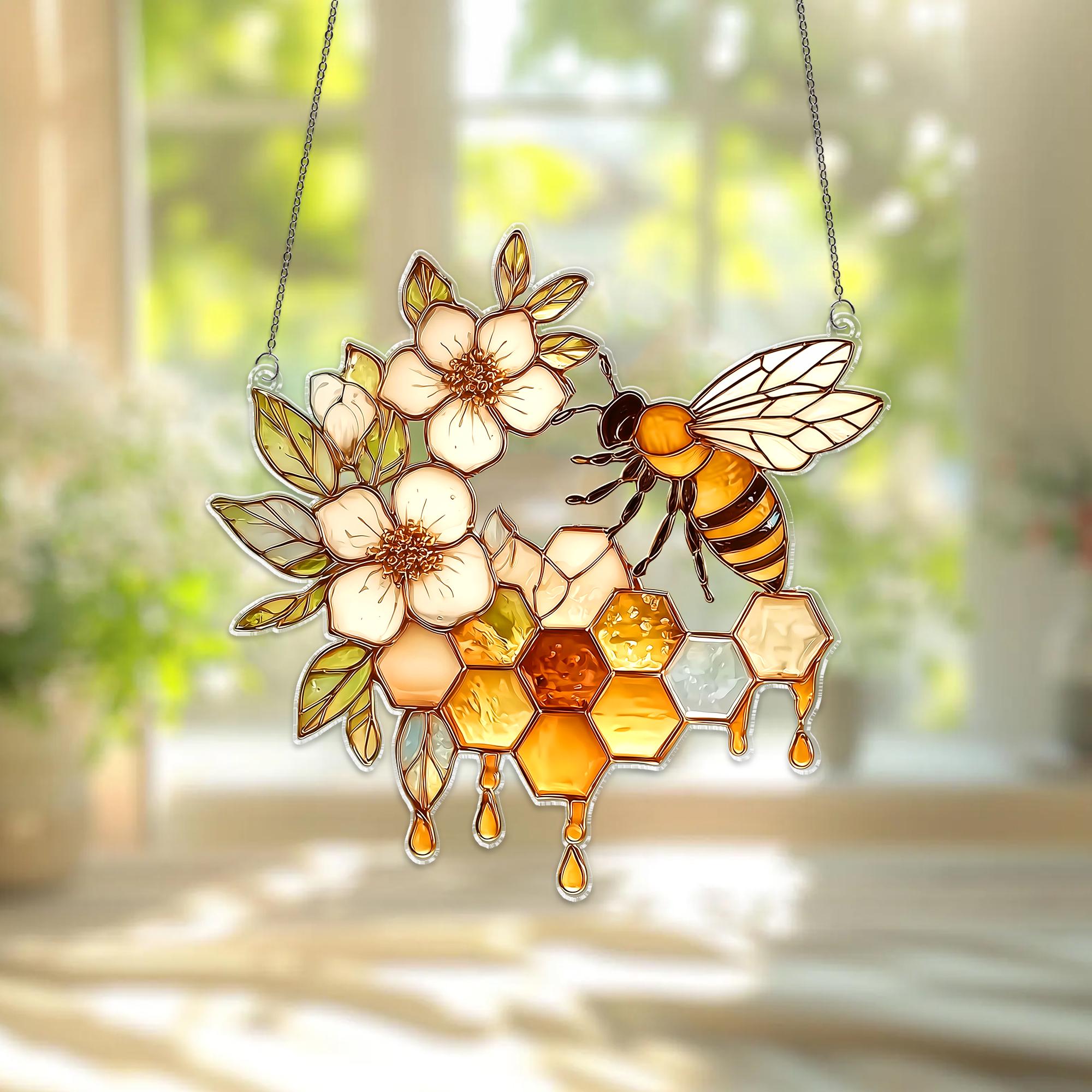 Bee Honeycomb Acrylic Suncatcher, Nature Window Hanging Decor