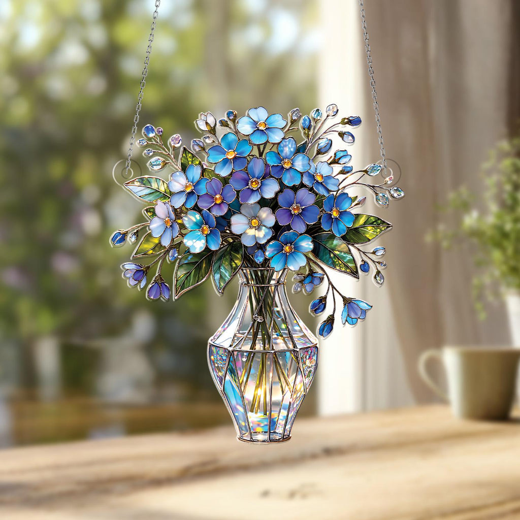 Forget-me-not Flower Bouquet Acrylic Window Hanging, Blue Floral Suncatcher, Faux Stained Glass Style Vase Decor, Elegant Home Gift