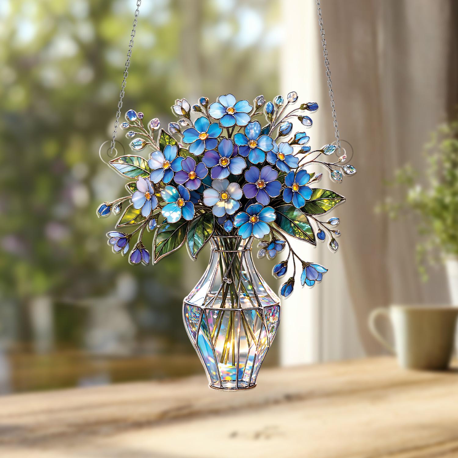 Forget-me-not Flower Bouquet Acrylic Window Hanging, Blue Floral Suncatcher, Faux Stained Glass Style Vase Decor, Elegant Home Gift